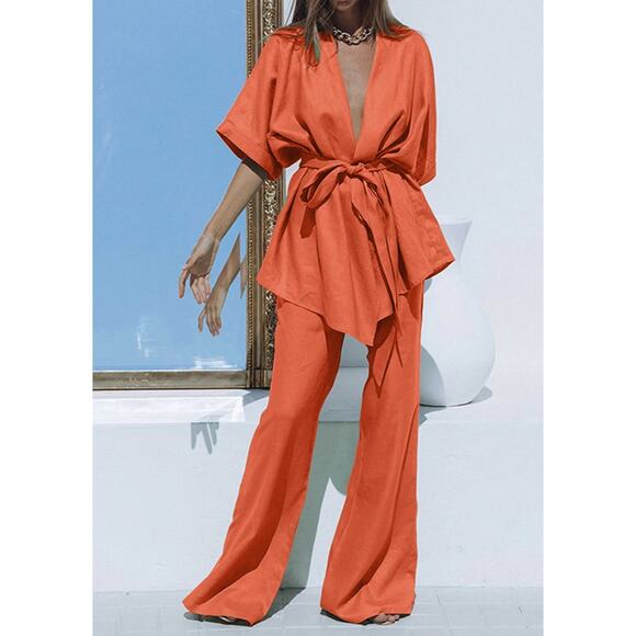 Oversized Linen Tied Two Piece Pants Set S Commense - Picture 2 of 2